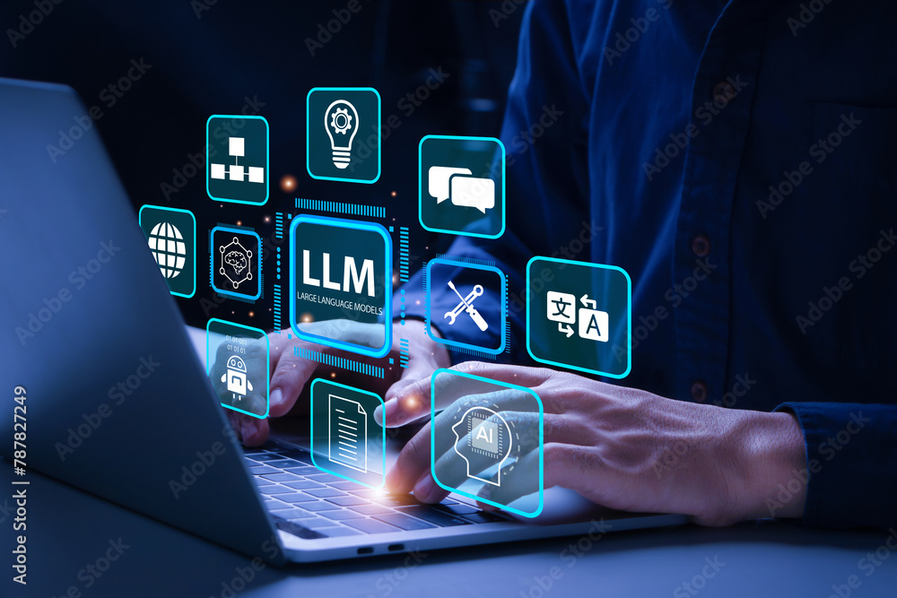 LLM, AI Large Language Model concept. Businessman working on laptop with LLM icons on virtual screen. A language model distinguished by its general-purpose language generation capability. Chat AI.
