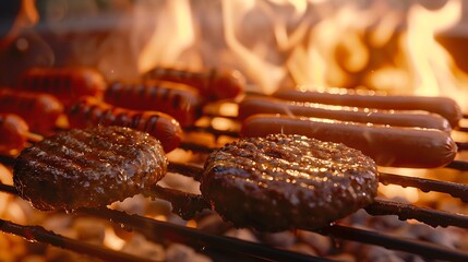 hamburgers and hotdogs cooking on flaming grill shot with selective focus