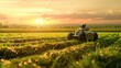 Autonomous robots tending green fields, sunrise over future farms, ecosynergy in action