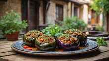 Badimjan Dolmasi Stuffed Eggplant With A Mixture Of Meat, Rice, And Herbs. 