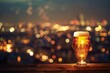 Glass of beer on wooden table with blurred cityscape on background