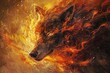 Fantasy illustration of a wolf in the fire,  Illustration of a wild animal