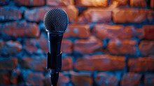 Stand-up Comedy Stage Microphone Background Brick Wall, Generative Ai