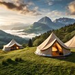 tent in the mountains,camping in the mountains with stylish glamping tents dotting the picturesque countryside, offering a blend of luxury and nature for a truly memorable outdoor retreat.