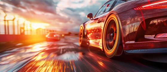 Wall Mural - A car is speeding down a wet road with a sunset in the background