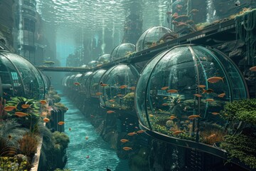 Wall Mural - A futuristic underwater city with a river running through it