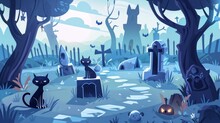 An Illustration For Halloween Card Showing A Pet Cemetery With Memorial Tombstones, Graves For Dead Animals. Modern Night Landscape With Graveyard For Burying Pets After Death.