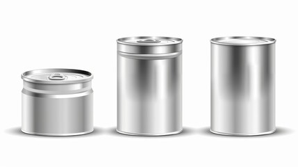 The front, top, and bottom views of a metal tin can for food. Modern realistic mockup of a white background with a blank aluminum container, round steel pack for soup, milk, beans, and meat.