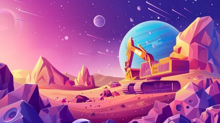 Mining on Mars. Landscape of alien planet surface with construction machinery, excavators and trucks. Modern cartoon infographic of exploration and mining technologies.
