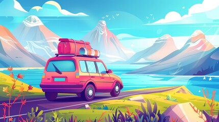 Canvas Print - An illustration of a summer road trip by car in the mountains with bags on the roof, family leisure on the ocean, nature journey, going by car on the highway, vacation travel by car.