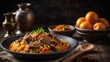 Plov A traditional rice dish cooked with meat, spices, and sometimes dried fruits and nuts. 