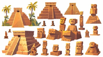 mayan pyramids from easter island. modern cartoon set of south american landmarks, chichen itza and 