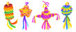 Traditional Mexican paper pinata for birthday party and cinco de mayo celebration. Cartoon vector illustration set of bright colorful handcraft paper mache kids play decoration with candies inside.