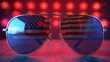 American Flag Reflection in Aviator Sunglasses with Red Stars Background