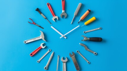 Time to Fix. Clock Made of Tools on Blue Background. Concept of Repair, Maintenance, Service and Punctuality