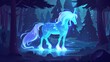 This banner of mystery has a glowing horse ghost as a ghost in a dark forest at night. A cartoon fantasy illustration of a horse spirit is also shown with trees and a pond in a park or garden.