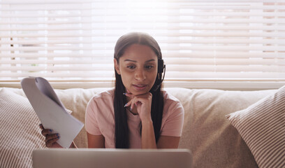 Sticker - Sofa, paperwork and woman with laptop, headset and video call for remote work on web project in apartment. Documents, webinar and virtual assistant in home with computer, couch and thinking on couch.