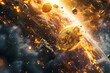 Dynamic collision of Bitcoin and meteor-like rocks amidst fiery explosion representing market volatility