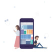 スマホの電子書籍アプリで本を買って読む若い男女