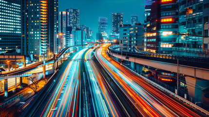 Wall Mural - Dynamic City Traffic at Night with Light Trails, Urban Street View of Downtown Skyscrapers