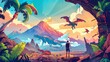 An illustration of a traveler standing at a cave looking at a Jurassic era landscape with dinosaurs and an erupting volcano. A cartoon illustration of a prehistoric earth evolution, beautiful scenery