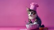 Chubby Calico Cat Mixing Ingredients in Vibrant Purple Studio Setting