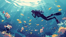 Modern Cartoon Illustration Of A Girl Snorkeling Underwater In The Ocean Beside A Clownfish. Young Woman In Mask Dives Headfirst Into The Water.
