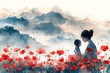 Serene Mother and Child Contemplating Mountain Vistas Amongst a Meadow of Red Poppies for Mothers Day
