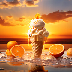 Wall Mural - Summer's embrace melts the ice cream, dripping like liquid sunshine over the orange horizon, a refreshing treat amidst the heat.