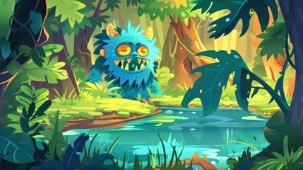 Wall Mural - A monster in a swamp in a magic forest. This cartoon illustration shows a jungle landscape with a lake and a fun, fantastic animal with fur, teeth, and three eyes in a swamp.