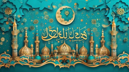 Wall Mural - This paper art fanoos is in turquoise and golden color. It has Ramadan Kareem and mubarak calligraphy, which means a happy holiday.