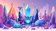 Funny cartoon character fluffy cat with fairy wings. Strange beast or kitten animal, Modern illustration of alien or fantasy planet landscape with magic portal, rocks and trees around.