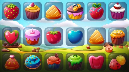 Wall Mural - Cartoon illustration of match three game interface with sweets and desserts signs, progress bar, score, and clock.