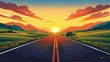 At sunset, a road goes along green fields as the sun sets behind the hills, while the sky is orange with puffy red clouds in the distance. Cartoon illustration of an empty asphalted highway going