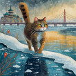 얼어붙은 물 위를 걸어다니는 고양이