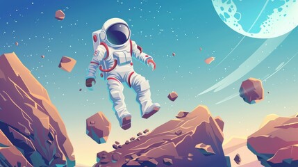 Wall Mural - Mobile arcade with cute cosmonaut jumping on rock platforms collecting bonus and asset items on alien planet landscape, Modern illustration of a space game with astronauts on alien planets.