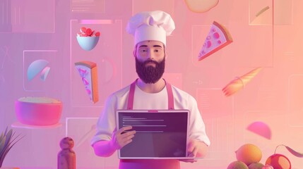 Wall Mural - Concept of digital technologies for training, Internet courses, and classes, modern landing page with man studying cooking with video lesson, webinar, or lecture on tablet.