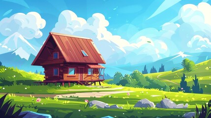 Wall Mural - Wooden house on stilts on summer meadow under blue sky with clouds, on piles cartoon background. Home with terrace on piles cartoon background, modern illustration.