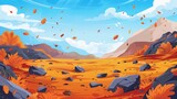 Fototapeta Do akwarium - A beautiful fall scenery with a cartoon autumn landscape, rocky plain with orange rocks, blue sky and falling leaves, modern illustration.