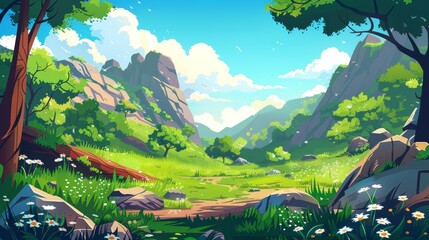 Wall Mural - An illustration of a spring landscape of a lawn on a mountain valley with green grass, logs, stones, trees, bushes, and flowers on the horizon.