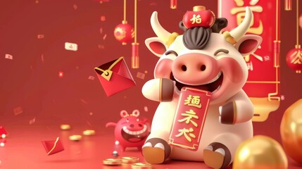 Wall Mural - Symbol of the Chinese zodiac sign ox, sending a red envelope online via smartphone in celebration of Chinese New Year in 2021.