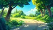 Cartoon summer nature landscape with a dirt road in the forest. Modern template for animation with separated layers, scenery view with tree trunks, green grass, bushes and sunlight.