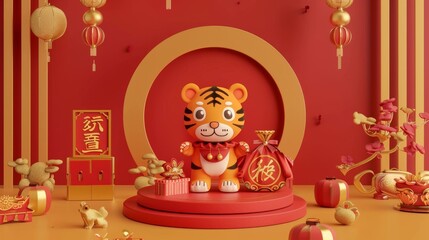 Poster - A Chinese foldscreen and lucky bag are attached to the podium backdrop for 2022 CNY. Behind the round platform is a cute tiger, Chinese folding screens, and a text of blessing in Chinese which is