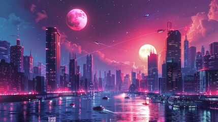 A cityscape with two pink moons and a city river