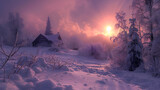 Fototapeta  - Winter Solstice snow-covered landscape at dusk highlight.  generative ai 