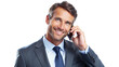 A happy and smiling businessman is talking on his mobile phone. The image is in PNG format 