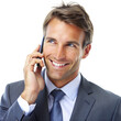 A happy and smiling businessman is talking on his mobile phone. The image is in PNG format 