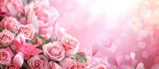 Wall Mural - Background for Valentine's Day featuring pink roses, a bow, and paper hearts.