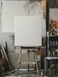 A white canvas on a wooden easel with a white canvas on it