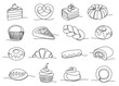 Continuous one line sweet bakery. Pastry and dessert icons vector illustration set with editable stroke paths